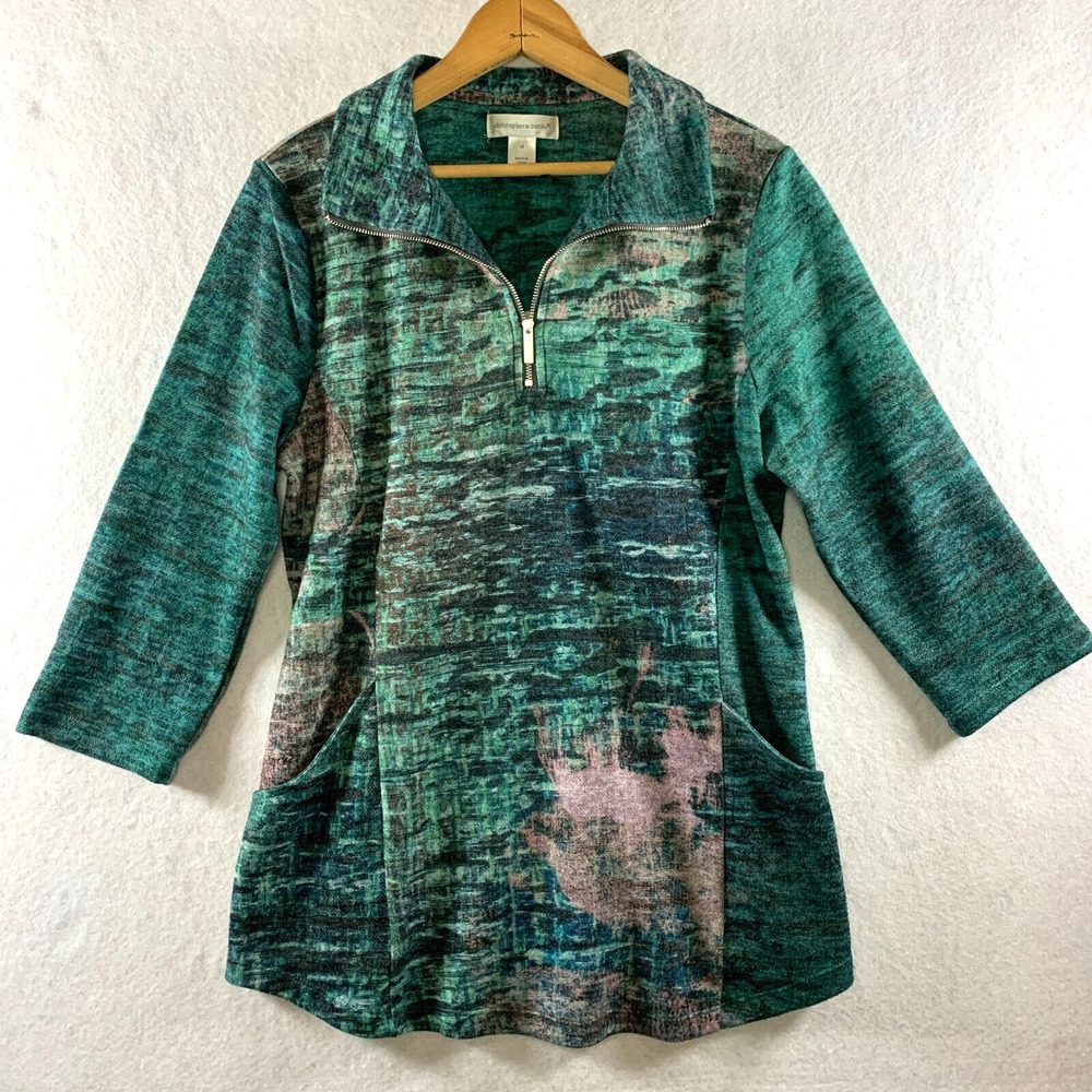 Womens Blouse Sz M Watercolor 1/4 Zip Pockets Artsy 3/4 Sleeve Comfy Knit Casual